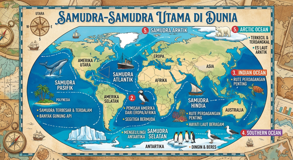 Macam-macam samudra di dunia dengan ilustrasi peta dan suasana bawah laut yang menampilkan Samudra Pasifik, Atlantik, Hindia, Arktik, dan Selatan.