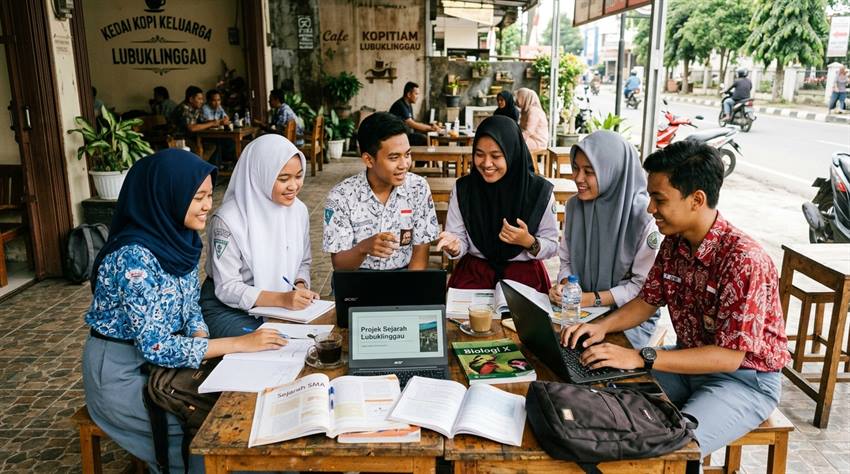 Suasana Pelajar MAN 2 dan Siswa SMA Lubuklinggau Berdiskusi Menyelesaikan Tugas Kelompok di Cafe