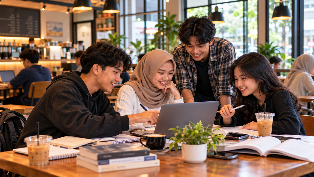 Mahasiswa belajar dan mengerjakan tugas kelompok bersama di coffee shop nyaman di Lubuklinggau