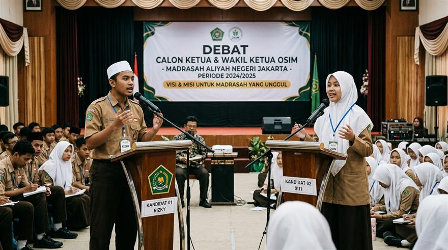 Suasana panggung debat calon ketua dan wakil ketua OSIM di aula madrasah aliyah