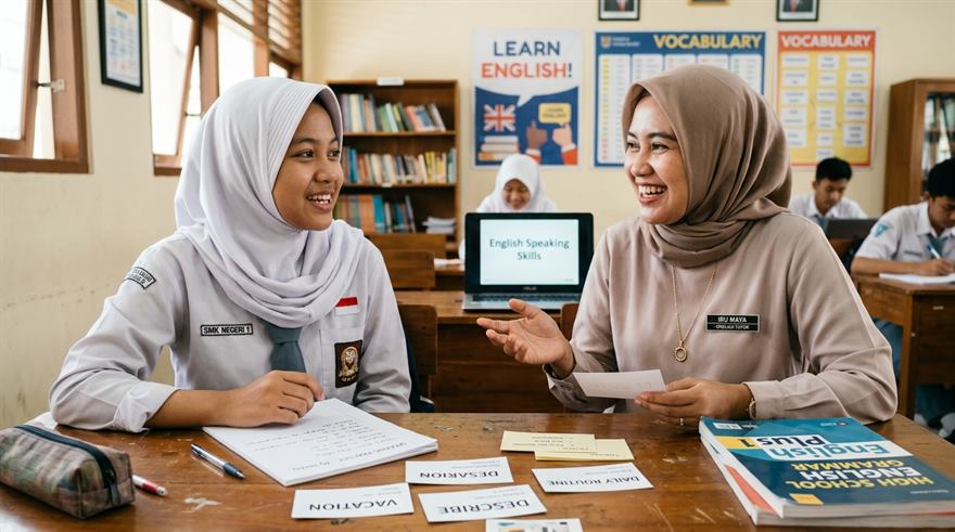 Pelajar SMA berlatih percakapan bahasa Inggris aktif speaking bersama tutor berpengalaman